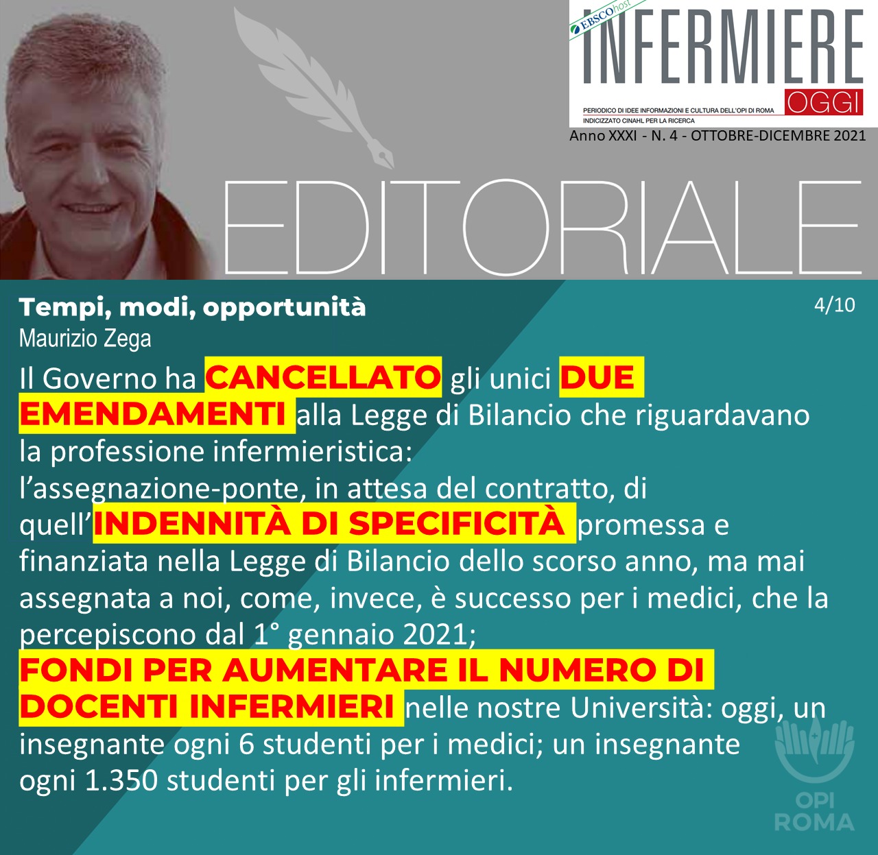 On line il nuovo numero di INFERMIERE OGGI con l’editoriale del presidente Maurizio Zega