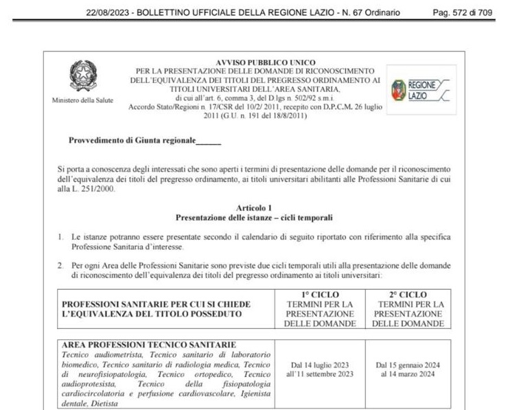 Comunicazione su procedura equivalenza titoli Regione Lazio: NON riguarda gli infermieri
